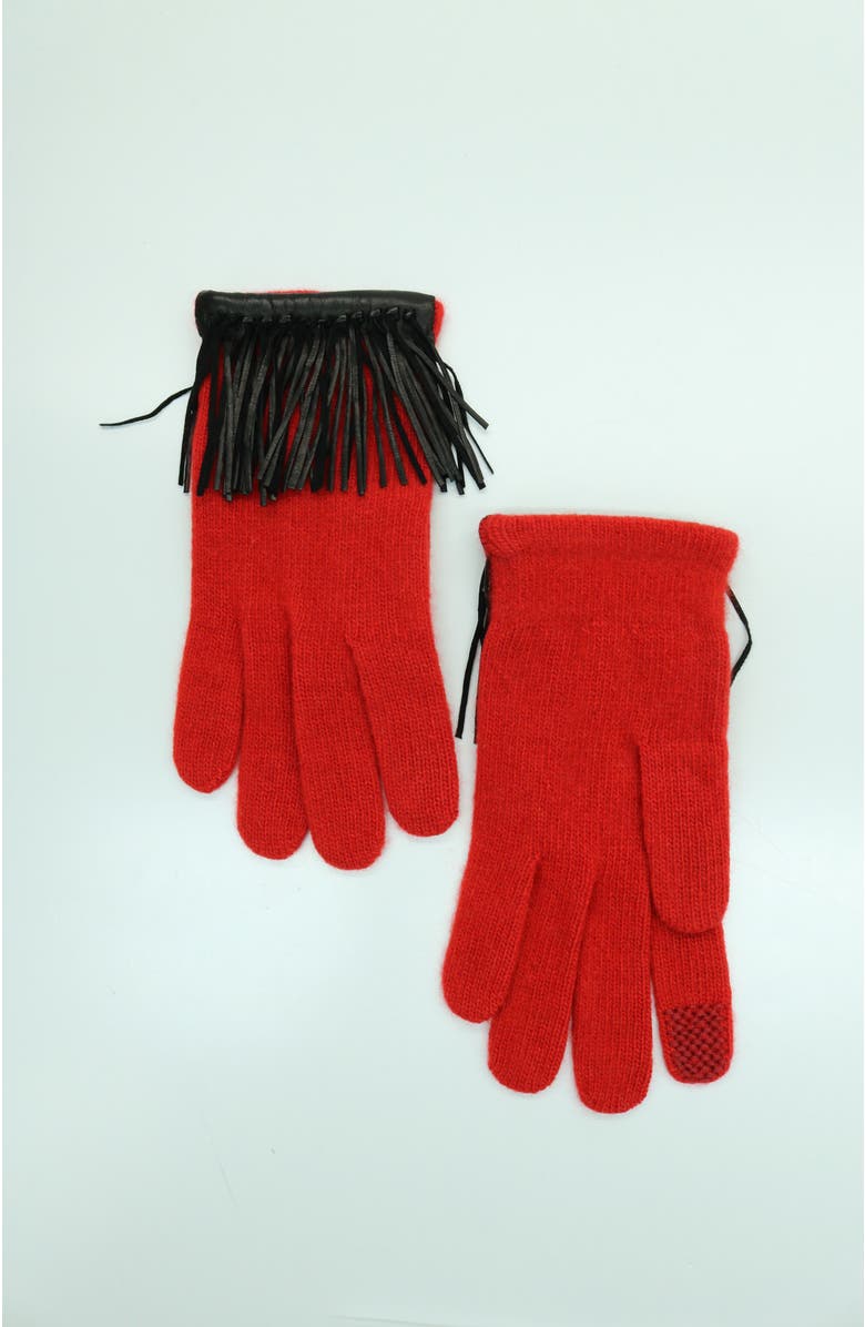Portolano Cashmere tech gloves with leather fringes, Main, color, Fire Red