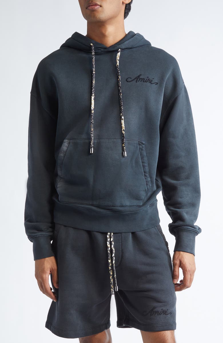 AMIRI Oversize Bleach Bandana Hoodie, Main, color, Black