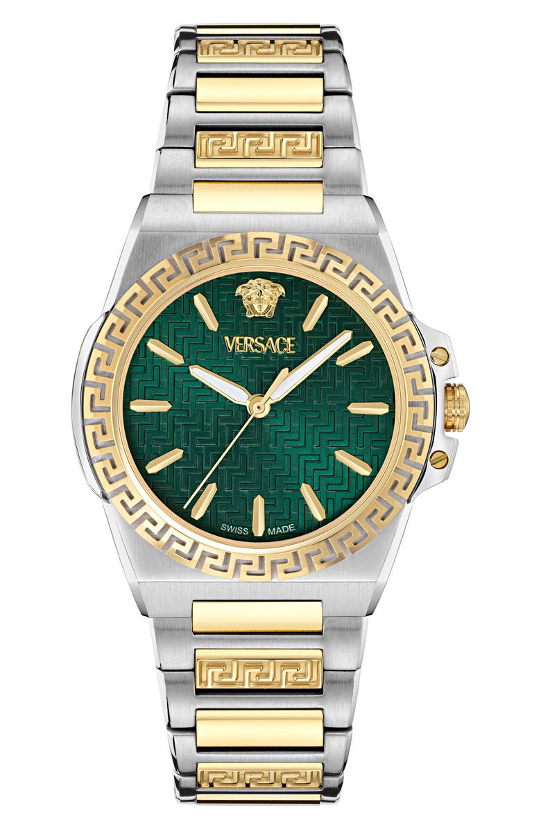 Versace Greca Reaction Bracelet Watch, 38mm, Main, color, Green/ Two Tone