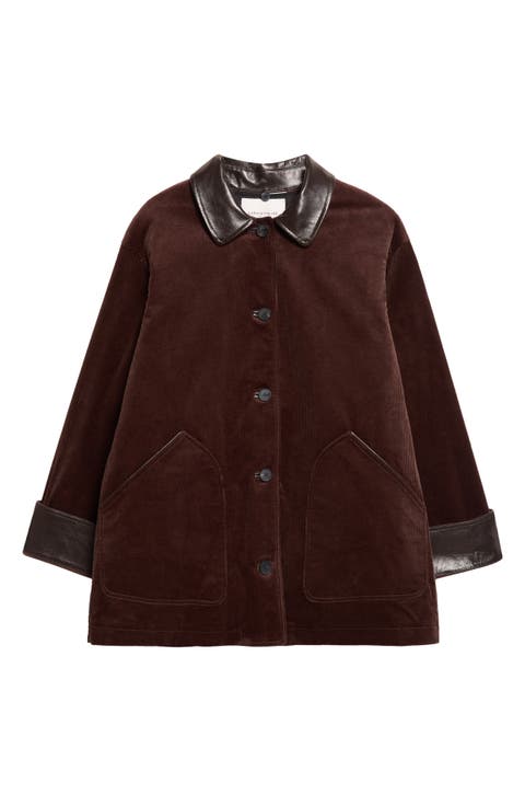 Leather Trim Cotton Stretch Corduroy Car Coat