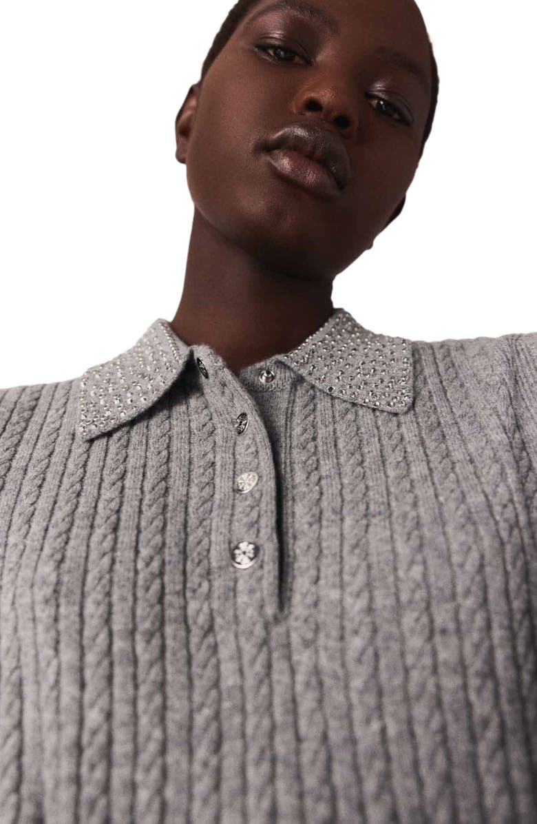 maje Wool polo shirt with rhinestone collar, Alternate, color, Grey