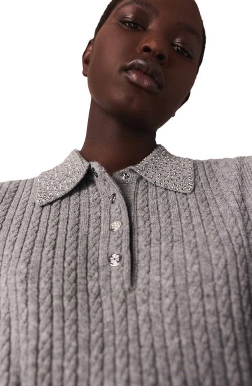 Maje Wool Polo Shirt With Rhinestone Collar In Gray