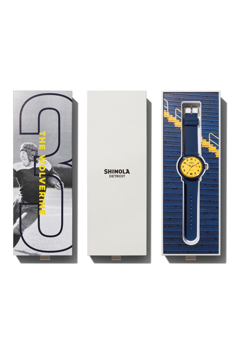Detrola The Wolverine Silicone Strap Watch, 43mm, Alternate, color, MIDNIGHT BLUE/ MAIZE/ SILVER