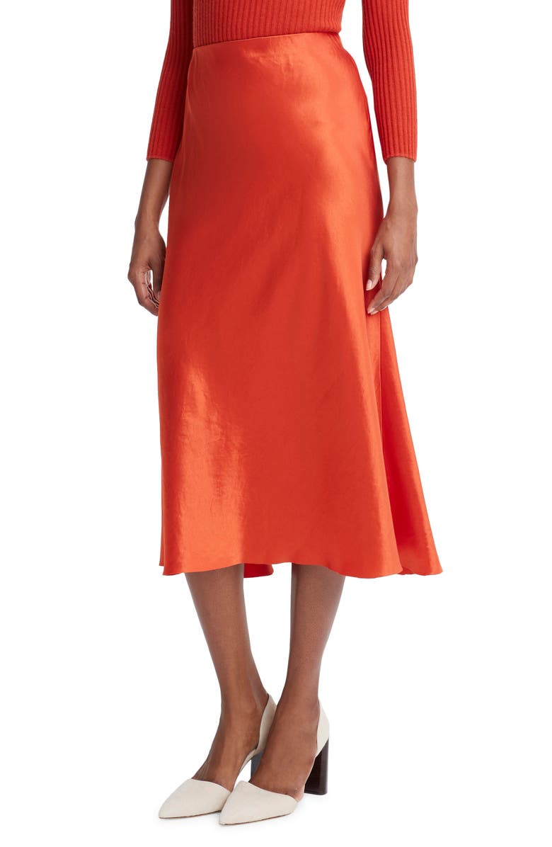 Vince Bias Satin Midi Skirt, Main, color, Vermillion