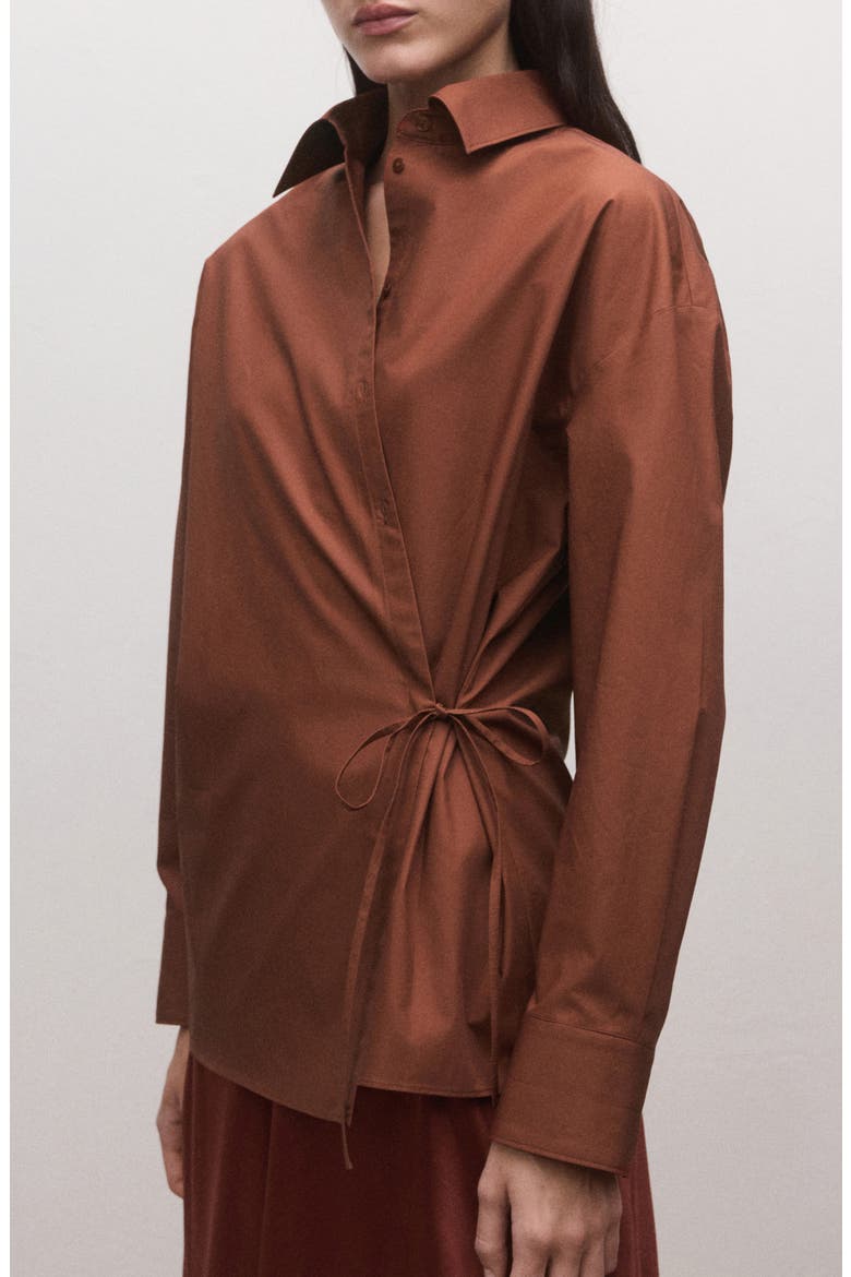 Oversize Faux Wrap Cotton Button-Up Shirt, Alternate, color, RUSSET
