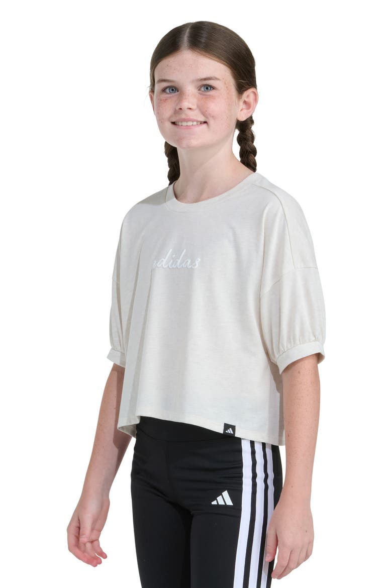Kids' Graphic Cotton Blend Puff Sleeve T-Shirt, Alternate, color, TAN HEATHER