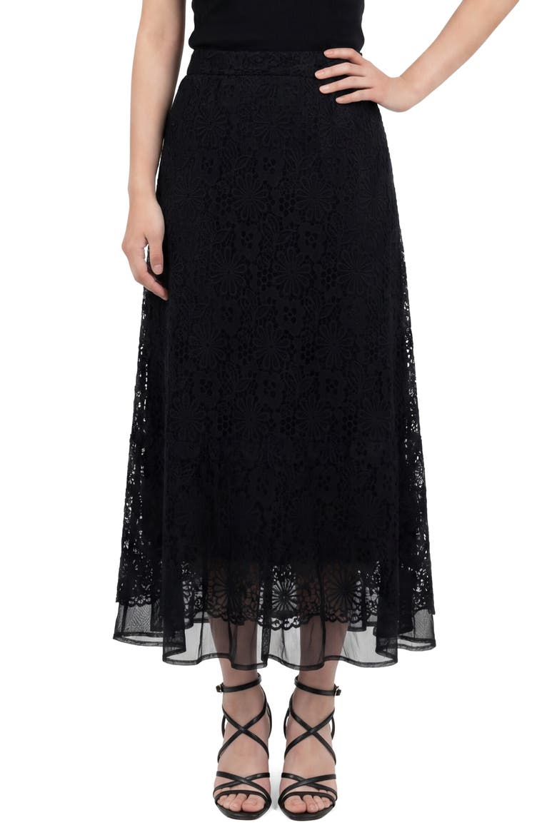 Millie Mesh & Lace Midi Skirt, Main, color, BLACK
