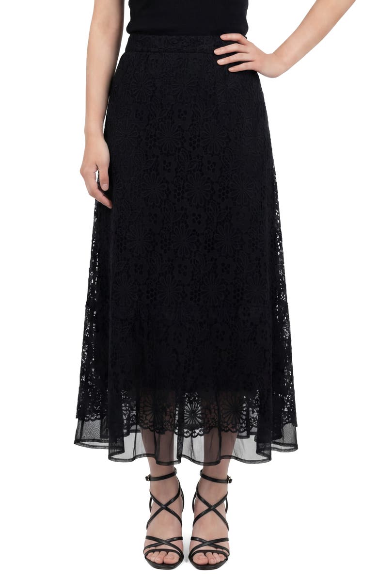 Love By Design Millie Mesh & Lace Midi Skirt, Main, color, Black