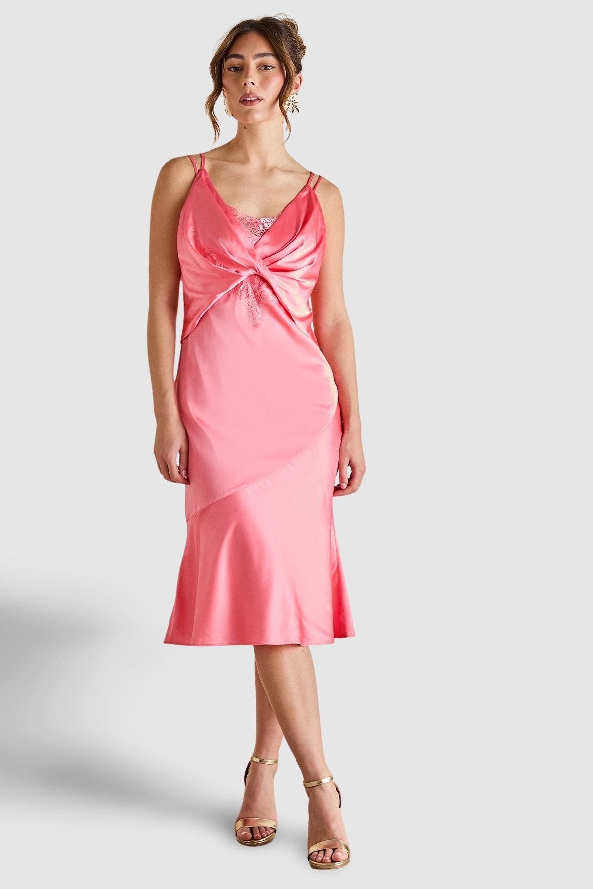 Lace Insert Satin Fitted Dress