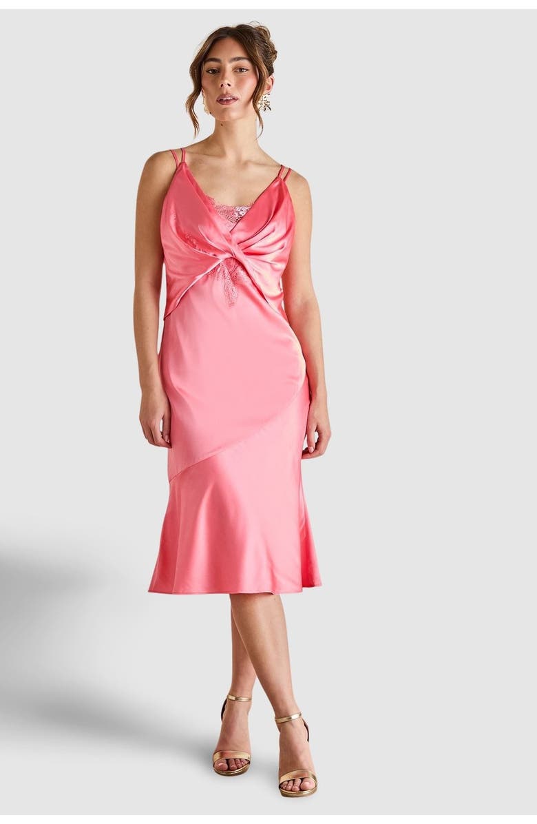 Coast Lace Insert Satin Fitted Dress, Main, color, Peach