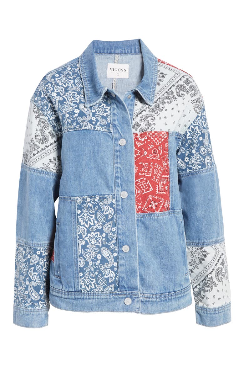 Bandana Patchwork Denim Jacket, Alternate, color, MEDIUM WASH