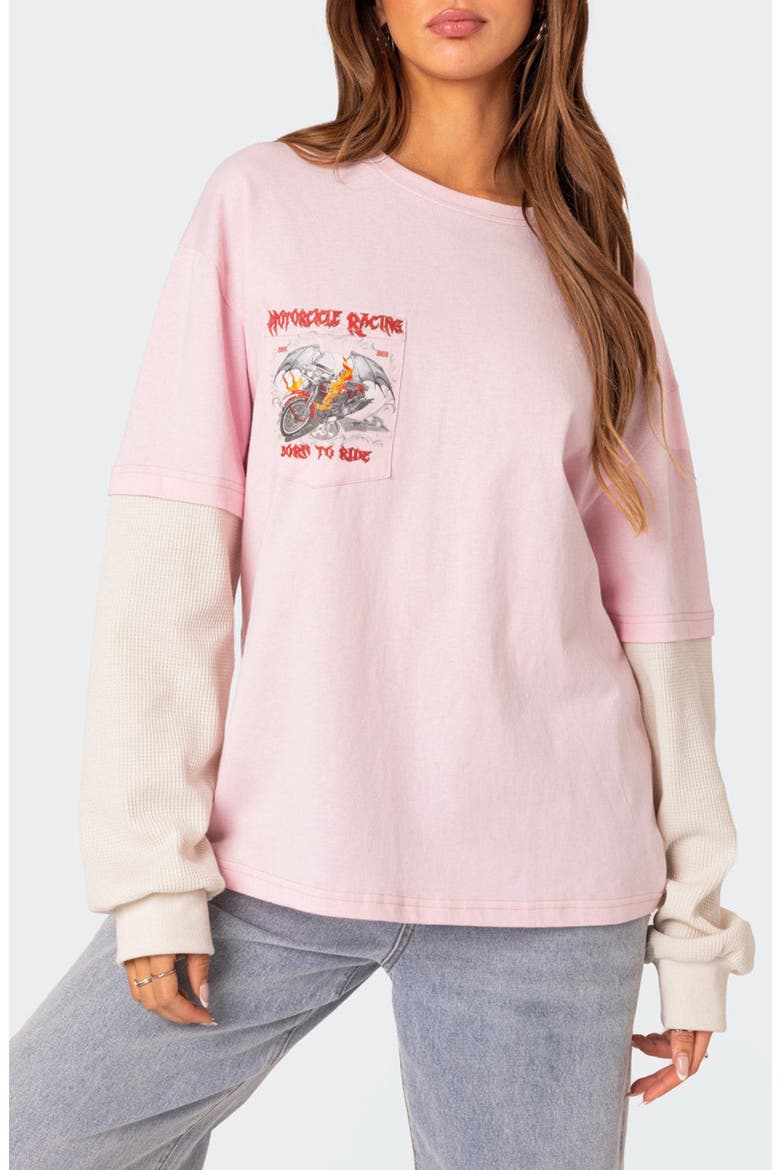 Racing Oversize Mixed Media Long Sleeve Cotton Graphic T-Shirt, Main, color, LIGHT-PINK