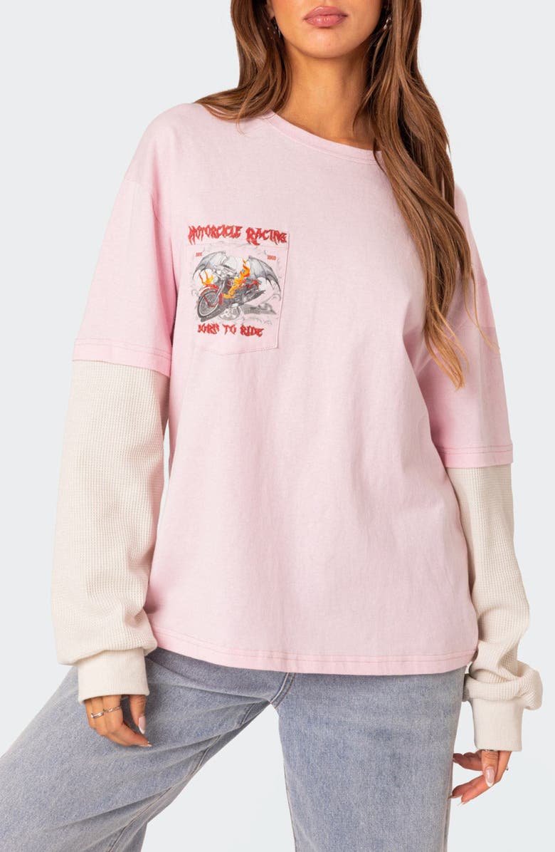 EDIKTED Racing Oversize Mixed Media Long Sleeve Cotton Graphic T-Shirt, Main, color, Light-Pink