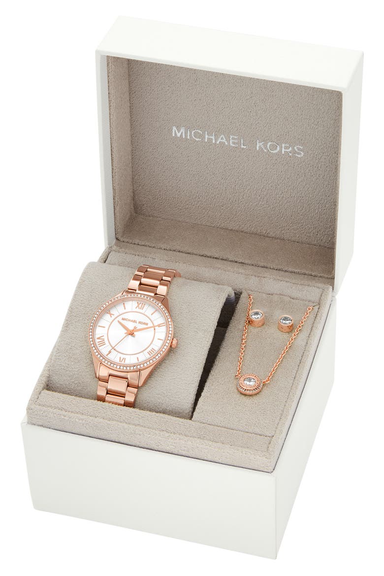 Lauryn Bracelet Watch, Necklace & Stud Earring Set, 33mm, Main, color, ROSE GOLD