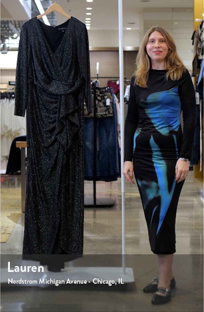 Metallic Long Sleeve Ruffle Side Slit Gown, sales video thumbnail