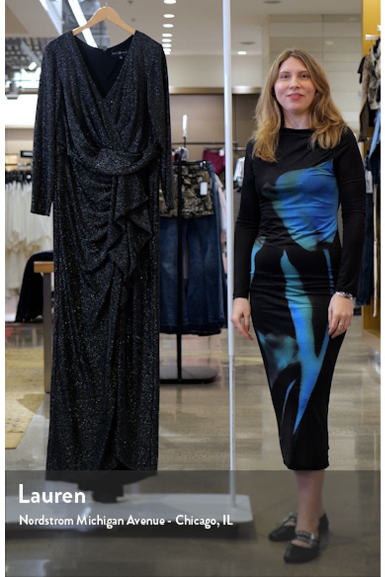 Metallic Long Sleeve Ruffle Side Slit Gown video