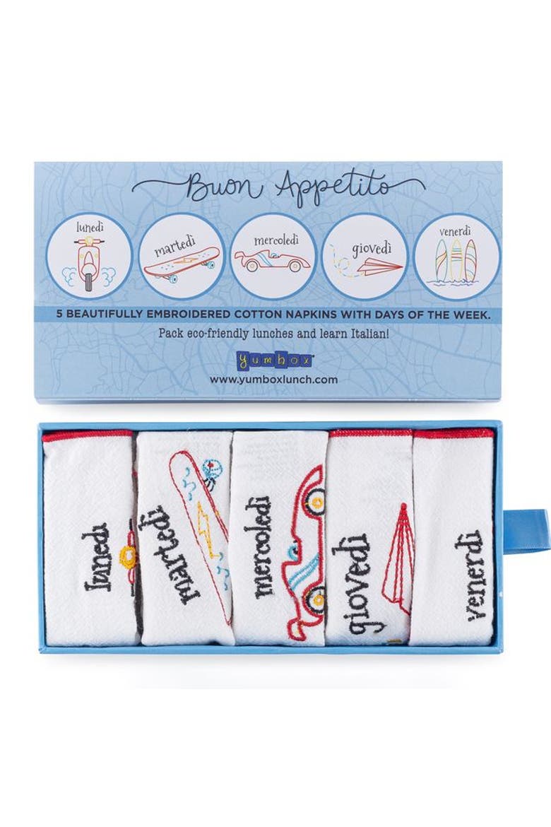 Reusable Embroidered Cotton Napkin Set - Days of the Week in Italian, Main, color, Blue