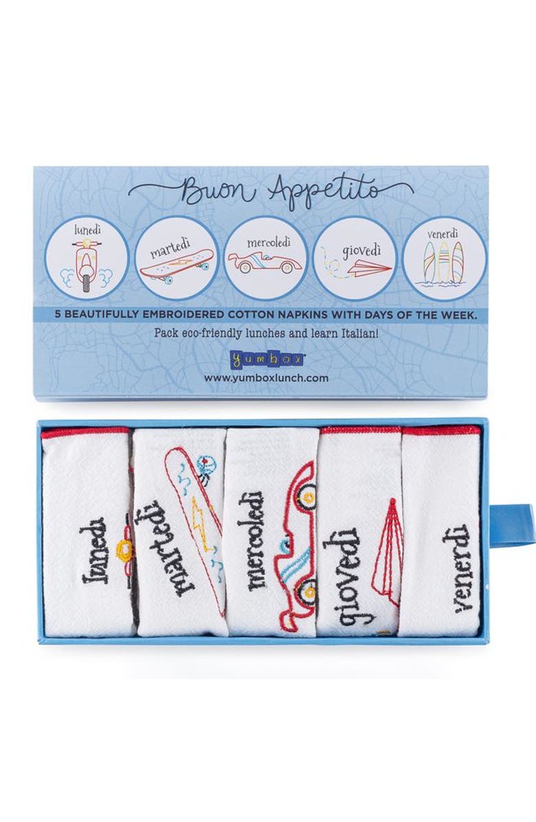 Yumbox Reusable Embroidered Cotton Napkin Set - Days of the Week in Italian, Main, color, Blue