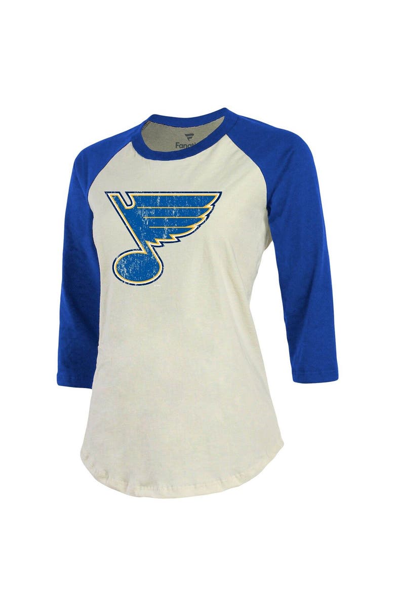 FANATICS Women's Fanatics Branded Jordan Binnington Cream/Blue St. Louis Blues Name & Number Tri-Blend Raglan 3/4-Sleeve T-Shirt, Alternate, color,