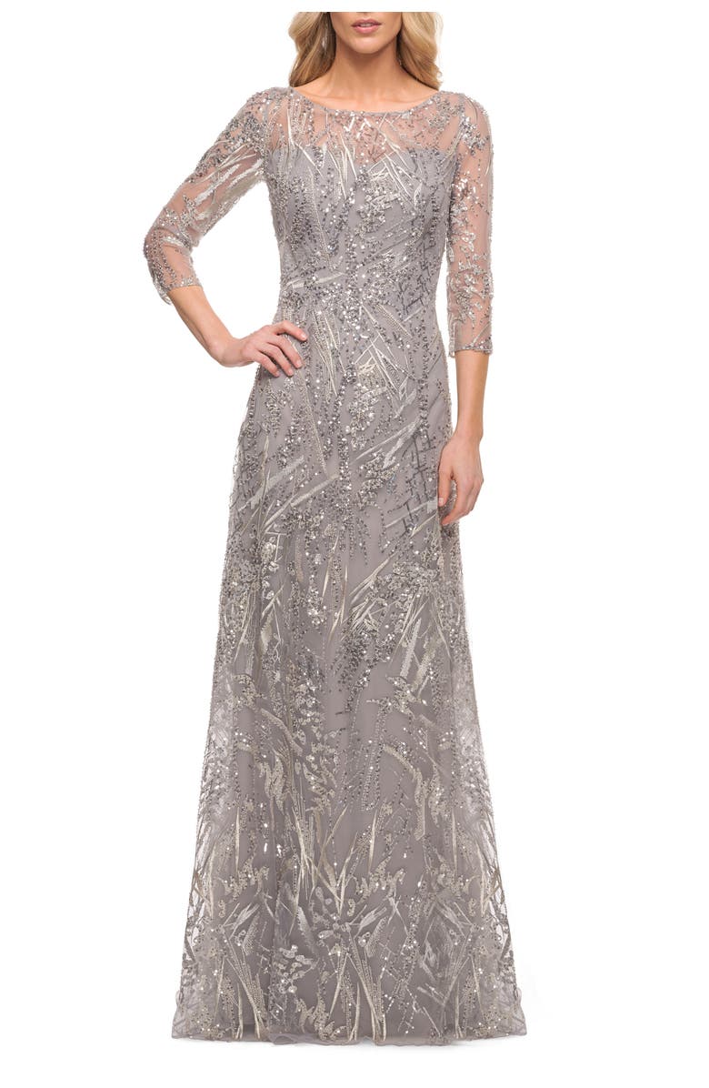 La Femme Long Evening Gown with Unique Lace Beaded Design, Main, color, Silver