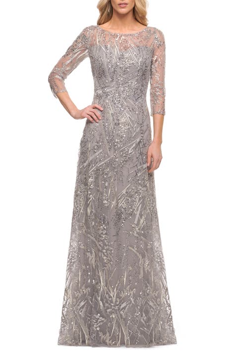 Long Evening Gown with Unique Lace Beaded Design