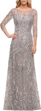 La Femme Long Evening Gown with Unique Lace Beaded Design