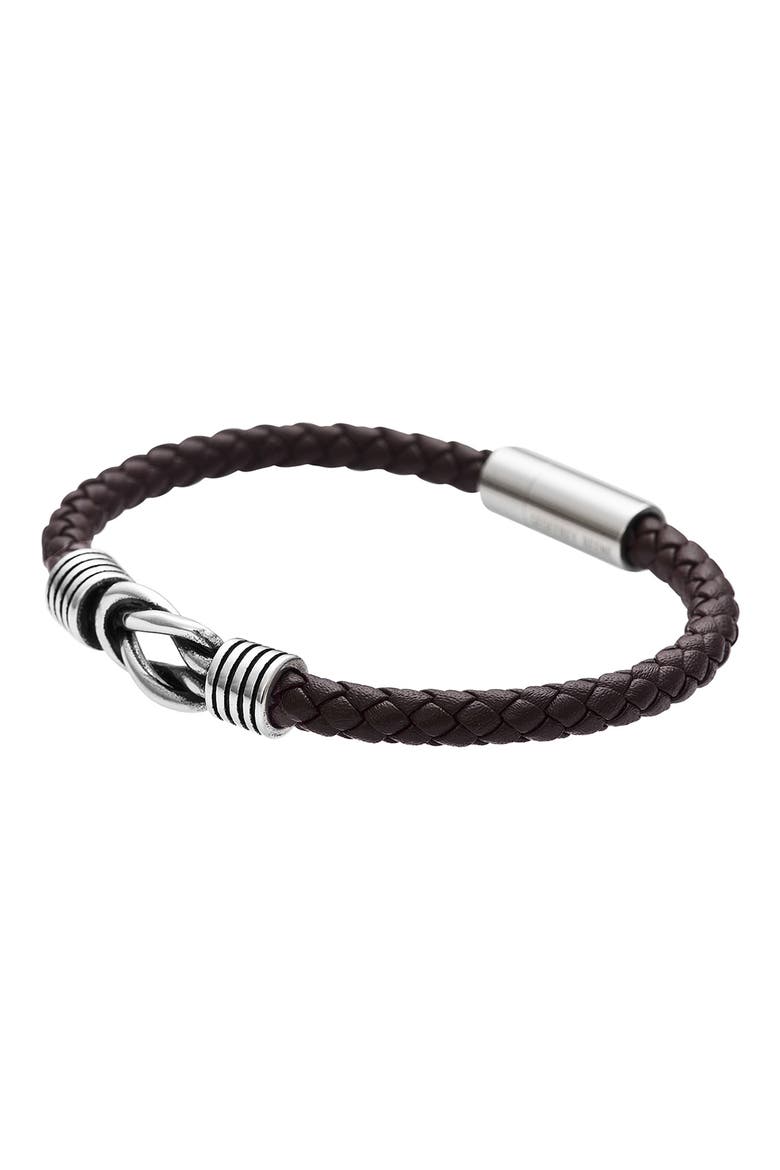 Men's Stainless Steel Knot Leather Bracelet, Alternate, color, BROWN