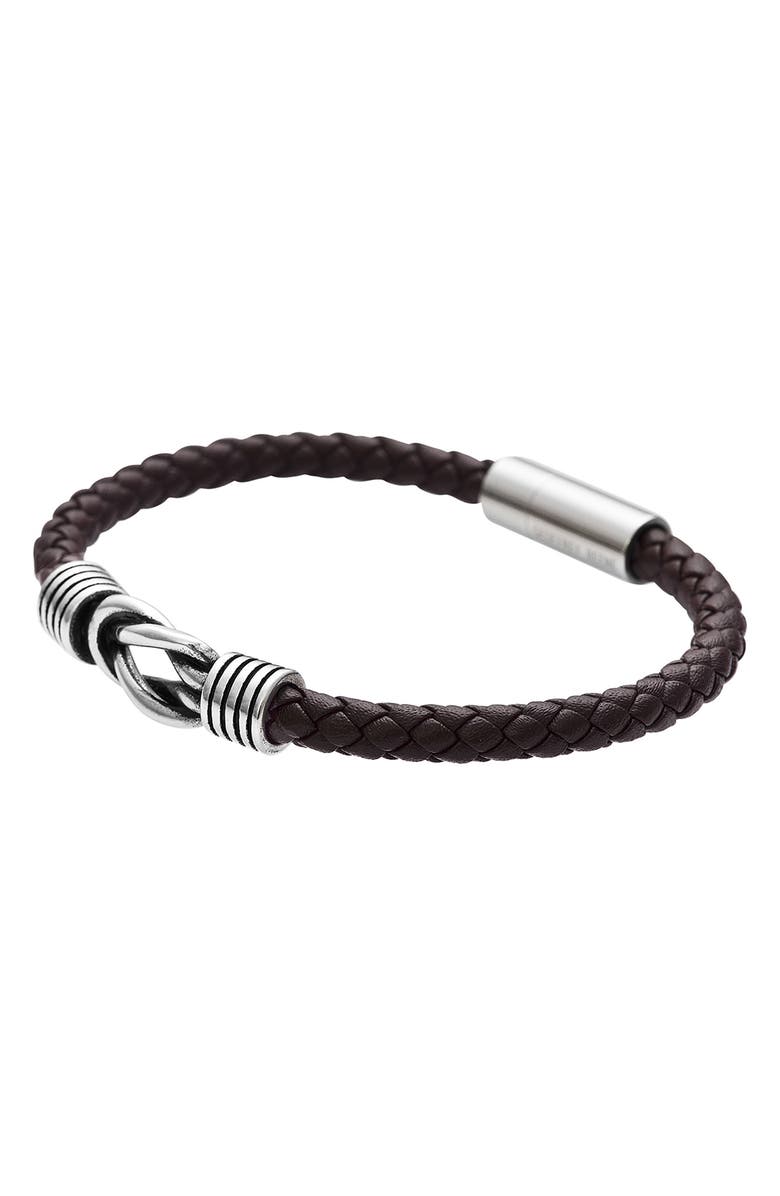 GEOFFREY BEENE Men's Stainless Steel Knot Leather Bracelet, Alternate, color, Brown
