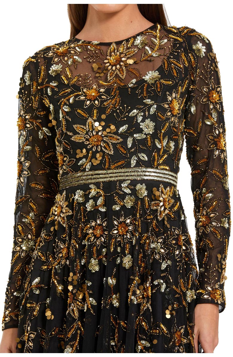Mac Duggal Hand Beaded Mesh Long Sleeve High Neck A Line Gown, Alternate, color, Black Gold
