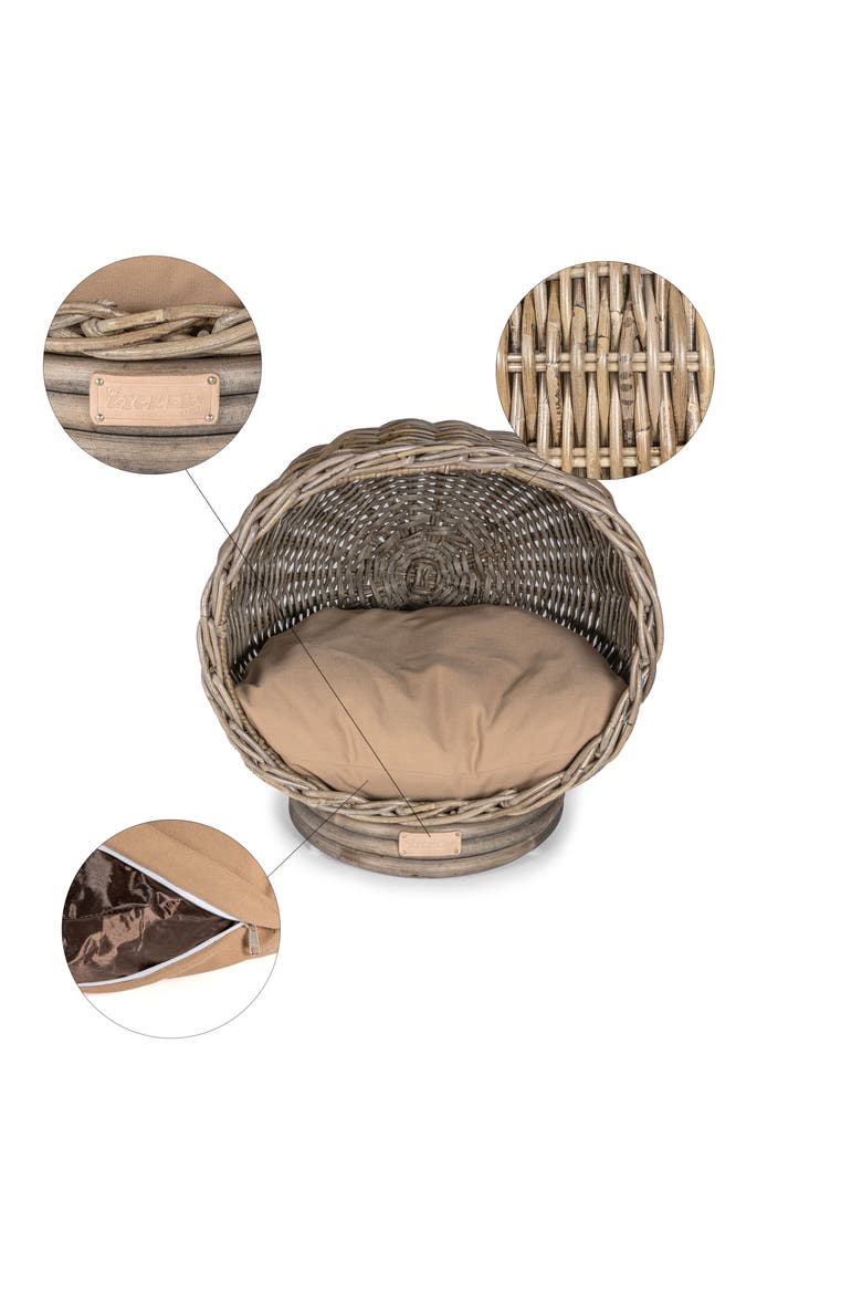 Socket Dome 19.5" x 17" Bohemian Handwoven Rattan Pet Bed with Machine-Washable Cushion, Alternate, color, Kubu Gray