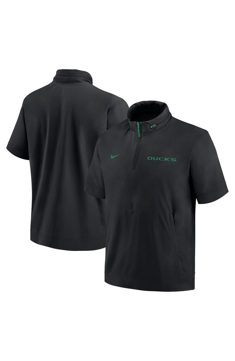 Nike Men's Nike Black Oregon Ducks 2024 Sideline Coach Short Sleeve Half-Zip Hoodie Jacket, Alternate, color, Black
