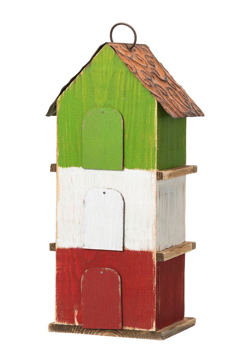 13.75"H Multicolored Three-Tiered Distressed Solid Wood Birdhouse, Alternate, color, Green