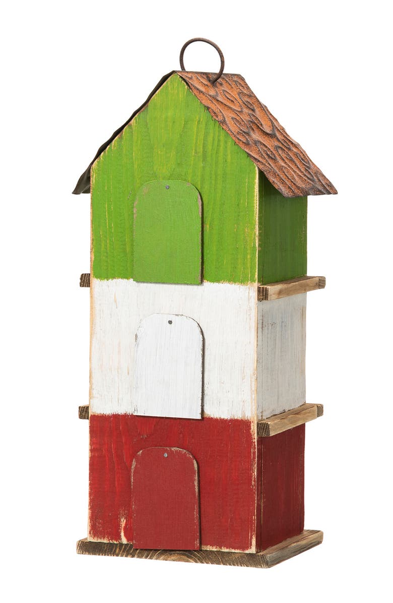 Glitzhome 13.75"H Multicolored Three-Tiered Distressed Solid Wood Birdhouse, Alternate, color, Green