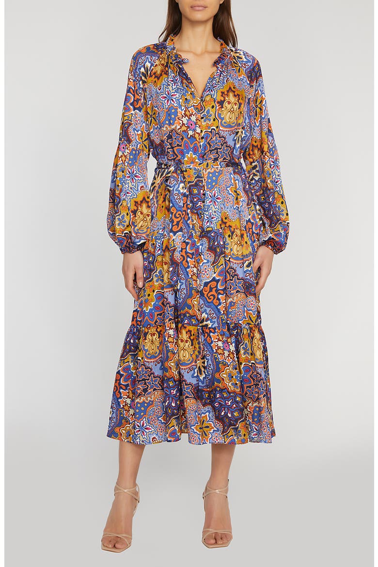 elie tahari silk dress Caelan Geometric-Print Silk Midi Dress
