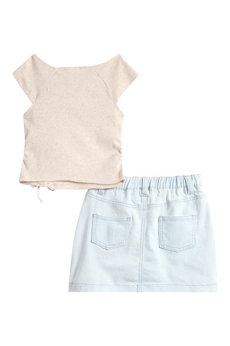 Kids' Asymmetric Ruched Rib Knit Top & Denim Skirt Set, Alternate, color, OATMEAL
