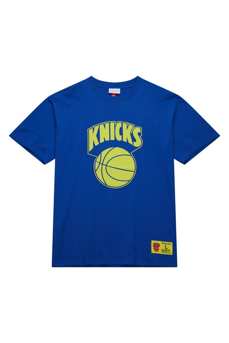 Men's Mitchell & Ness Blue New York Knicks Hardwood Classics Neon Nights Premium T-Shirt, Alternate, color, Blue
