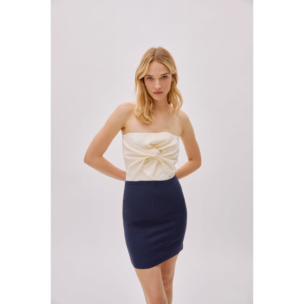 Labeca London Hazel Two Toned Linen Twist Mini Dress In Navy Ecru