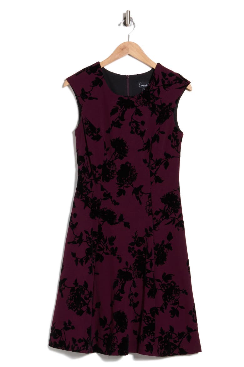 Flocked Crepe A-Line Dress, Alternate, color, BORDEAUX