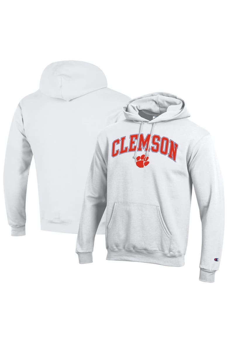 Men's Champion  White Clemson Tigers Arched Logo Fleece Pullover Hoodie, Alternate, color, White