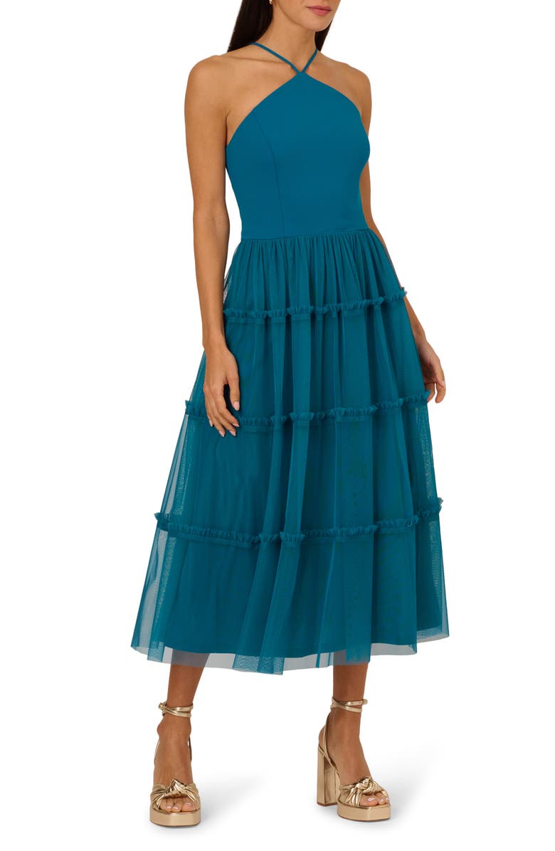 Adrianna Papell Mixed Media Tiered Cocktail Midi Dress, Main, color, 