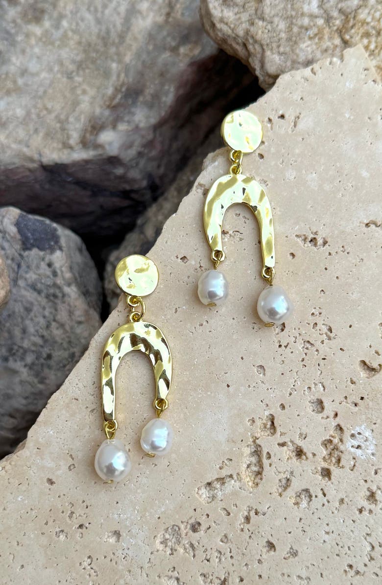 Adornia Hammered Faux Pearl Drop Earrings, Alternate, color, Gold/ White