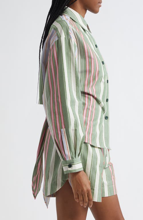 Stine Goya Mixed Stripe Tie Back Organic Cotton Button-up Shirt In Green