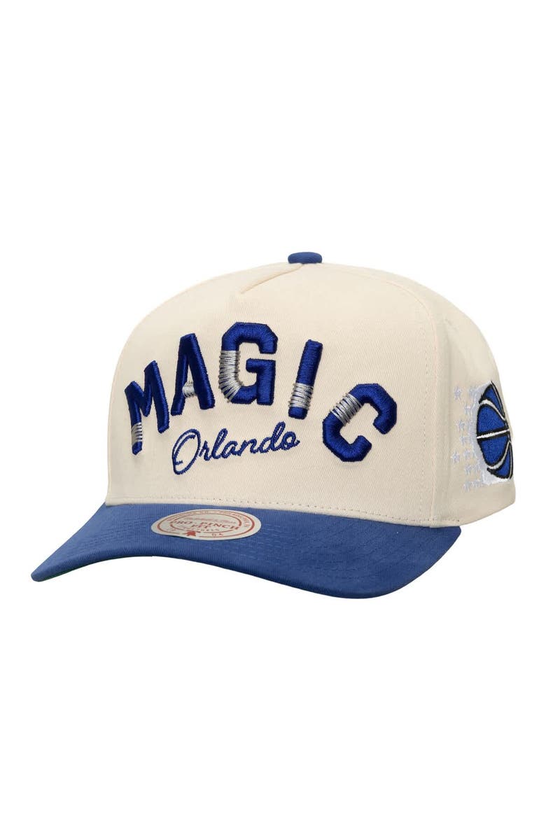 Mitchell & Ness Men's Mitchell & Ness Cream/Blue Orlando Magic Soul Festival Staggered Zag Pro Crown Snapback Hat, Main, color, 