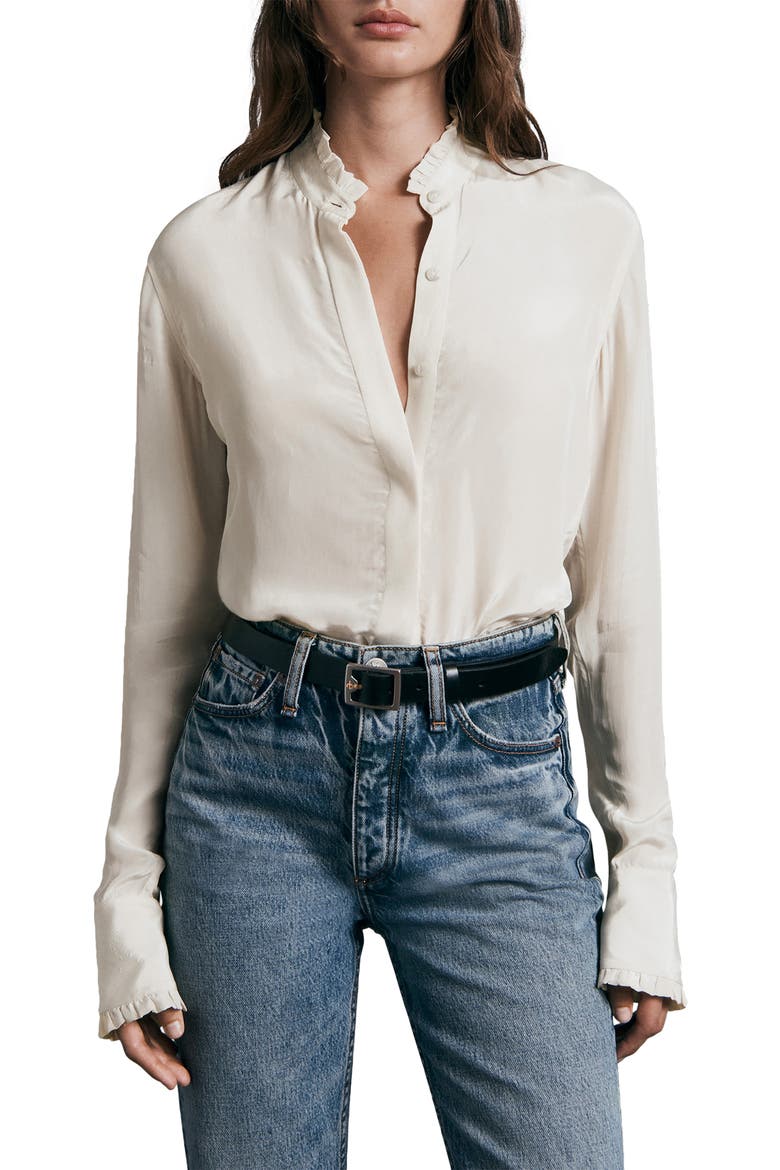 ICONS Jordan Ruffle Long Sleeve Button-Up Shirt, Main, color, IVORY