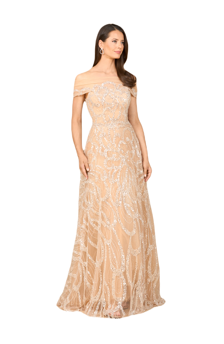 LARA New York Off Shoulder A-line Gown, Main, color, Champagne