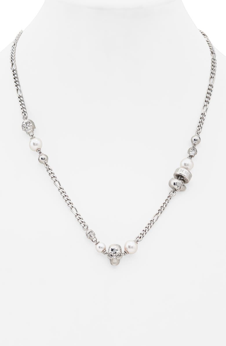 McQueen Crystal Skull & Faux Pearl Necklace, Alternate, color, 926/ Pearl/ Cry