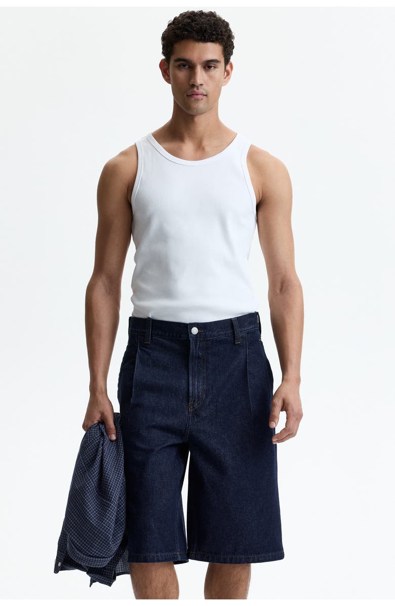 H&M Baggy Pleated Denim Shorts, Alternate, color, Dark Denim Blue