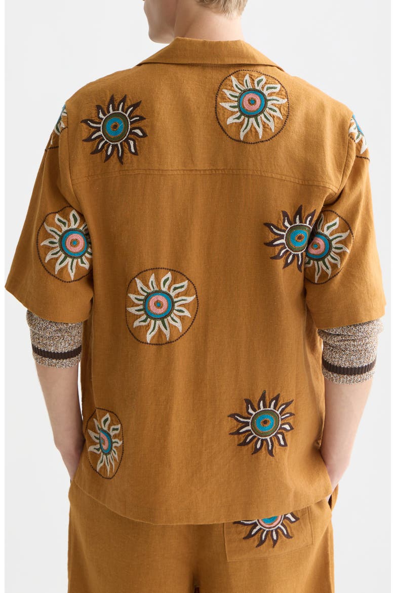 Embroidered Short Sleeve Linen Blend Button-Up Shirt, Alternate, color, CATHAY SPICE