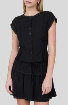 Blu Pepper Lace Trim Cap Sleeve Button-Up Top