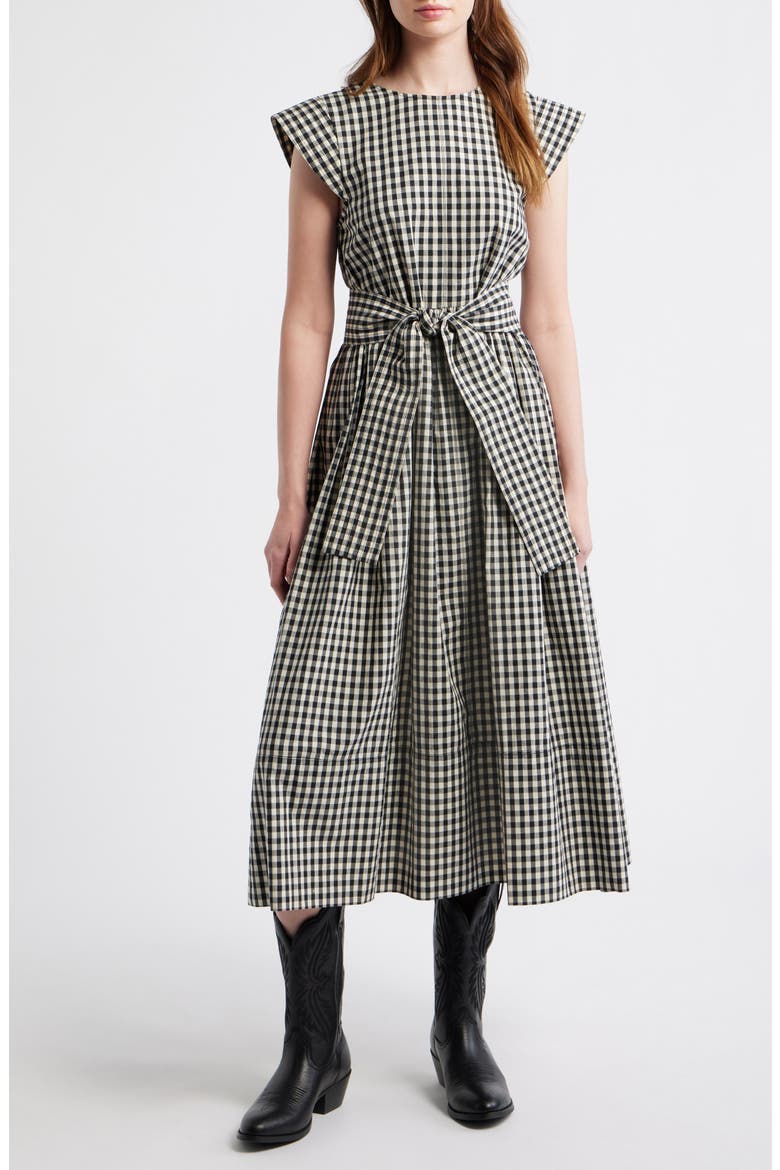 The Tulsa Gingham Belted Cotton Midi Dress, Main, color, BLACK AND CREAM CHECK